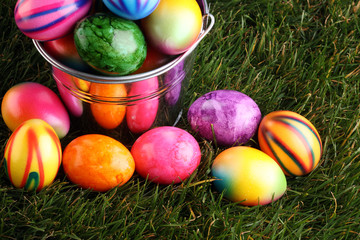 Row of Easter eggs in Fresh Green Grass