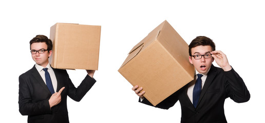 Funny man with boxes isolated on white