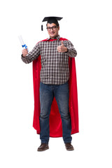 Super hero student with books isolated on white