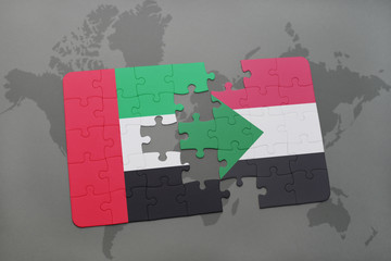 puzzle with the national flag of united arab emirates and sudan on a world map
