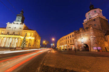 Lublin City Hall and Krakowska Gate - obrazy, fototapety, plakaty
