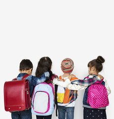 Group of Schoolers Kids with Backpack Behind Rear View on White Blackground
