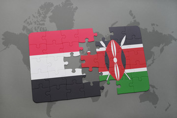 puzzle with the national flag of yemen and kenya on a world map
