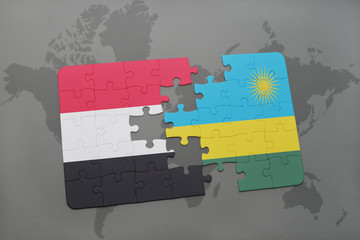 puzzle with the national flag of yemen and rwanda on a world map