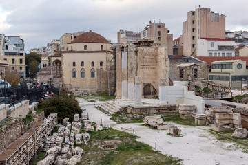 Sunset view of Hadrian's Library in Athens, Attica, Greece