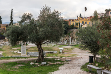 Sunset view of Roman Agora in Athens, Attica, Greece