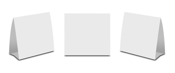 Blank White Table Tent on white. Paper vertical cards isolated on white background. Front, left and right view.