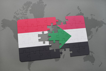 puzzle with the national flag of yemen and sudan on a world map