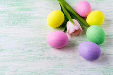 Obraz na płótnie Canvas Easter eggs and pink tulip