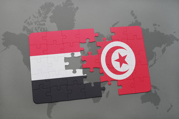 puzzle with the national flag of yemen and tunisia on a world map