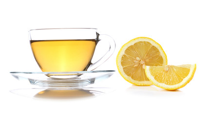 A cup of tea and lemons isolated on white background.