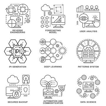 Modern contour icons database processing methods of data.  Data science, programming technology, deep learning algorithm. The thin contour lines.