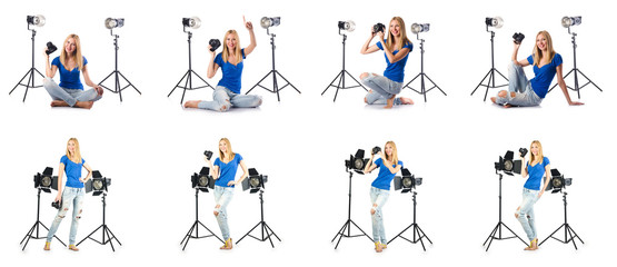Fototapeta premium Woman during photo photosession on white