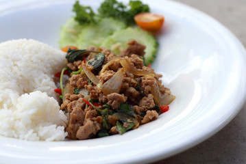 Thai spicy food basil pork fried rice recipe (Phat Kra Pow Moo)