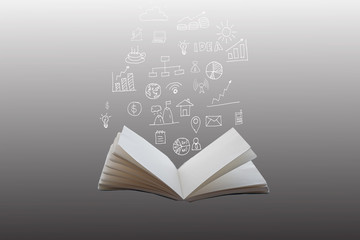 Hand-drawn financial plans and charts coming out of an open book..