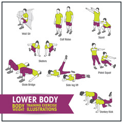 Lower body bodyweight training exercise illustrations - 141305645