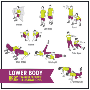 Lower body bodyweight training exercise illustrations