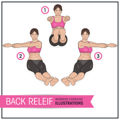Back relief abdominal twist female exercise illustration - 141306633
