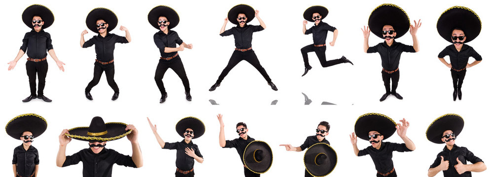 Funny Man Wearing Mexican Sombrero Hat Isolated On White