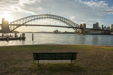  Bench in park look toward to Sydney opera house from North Sydney on 4 February 2017..