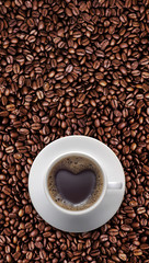 Black coffee cup of Love with Heart shape on coffee bean