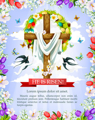 Easter cross with flower, egg wreath greeting card