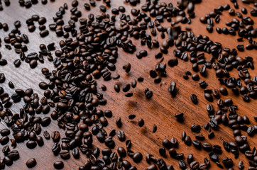 Coffee beans scattered on the table