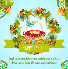 Fototapeta premium Easter egg hunt basket with flowers greeting card