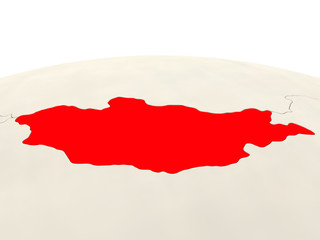 Mongolia on globe with watery seas