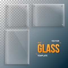 Illustration of Realistic Vector Glass Frame Template Set. EPS10 Vector Plastic Plate Set Isolated on Transparent Background