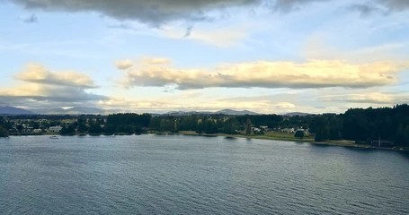 Aerial view of big lake in Te Anau at sunset, New Zealand. 