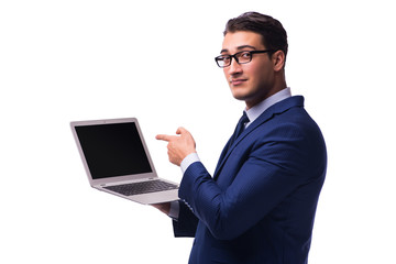 Businessman with laptop isolated on white