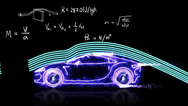 Seamless car animation of Aerodynamics theory and physics mathematical formula equation. Car model with doodle engineering education used for academic presentation background in 4k.
