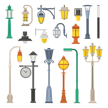Collection of different street lights and lanterns icons. City lamp post and lamp pole set in flat design. Modern and retro park lightings vector illustrations.