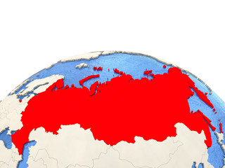 Russia on globe with watery seas