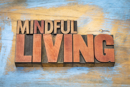 mindful living word abstract in wood type