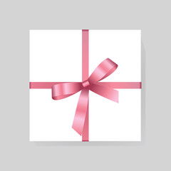 Vector White Square Gift Box with Shiny Red Satin Bow Isolated on Background