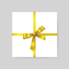Vector White Square Gift Box with Shiny Yellow Satin Bow Isolated on Background
