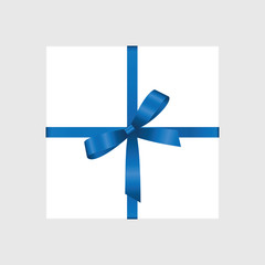 Vector White Square Gift Box with Shiny Blue Satin Bow Isolated on Background