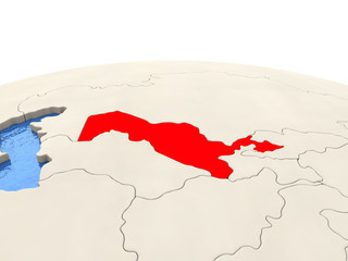 Uzbekistan on globe with watery seas