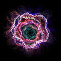 Abstract stylized rose flower on black background. Fantasy fractal design in pastel blue, green and pink colors. Digital art. 3D rendering.