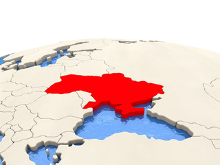 Ukraine on globe with watery seas