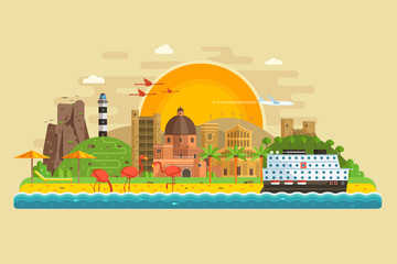Travel summer island landscape in flat design inspired by Cagliari, Sardinia. Sunset at seaside background with green hills, lighthouse, sand beach, ancient city, pink flamingos and cruise ship. - obrazy, fototapety, plakaty