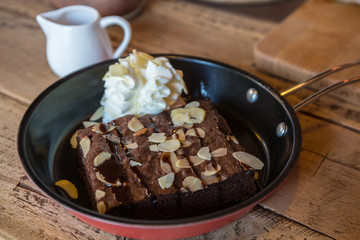 Close up fresh cake chocolate brownie.