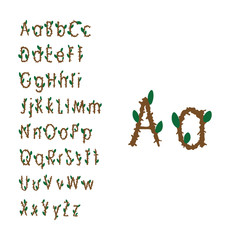 Spring letters of the alphabet. Twigs with leaves.