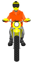 Classic enduro motorcycle with sitting rider wearing helmet front view color vector illustration