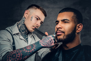 Male barber cutting the beard to Black stylish man.