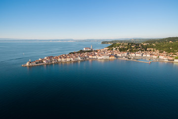 Old city Piran in Slovenia, bird's eye view. Aerial photo.