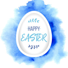 Happy Easter greeting. Paper egg with lettering on blue watercolor background. Paper art elements holiday greeting