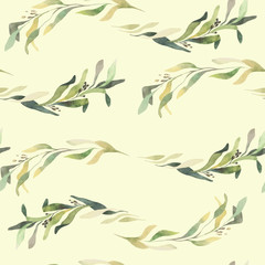 Green leafs watercolor seamless background.